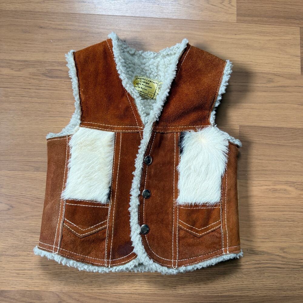Toddlers Kids Vintage 80's Brown Genuine Leather Cowhide Shearling Vest Sz 5T